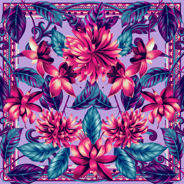   - Lenço Flor Flamingo lavanda em cetim de poliéster | 70x70cm- Scarf Me 