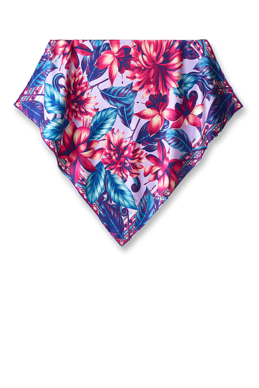   - Lenço Flor Flamingo lavanda em twill de seda | 65x65cm- Scarf Me 