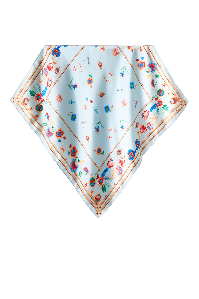  - Lenço Floral Bambu azul em cetim de poliéster | 50x50cm- Scarf Me 