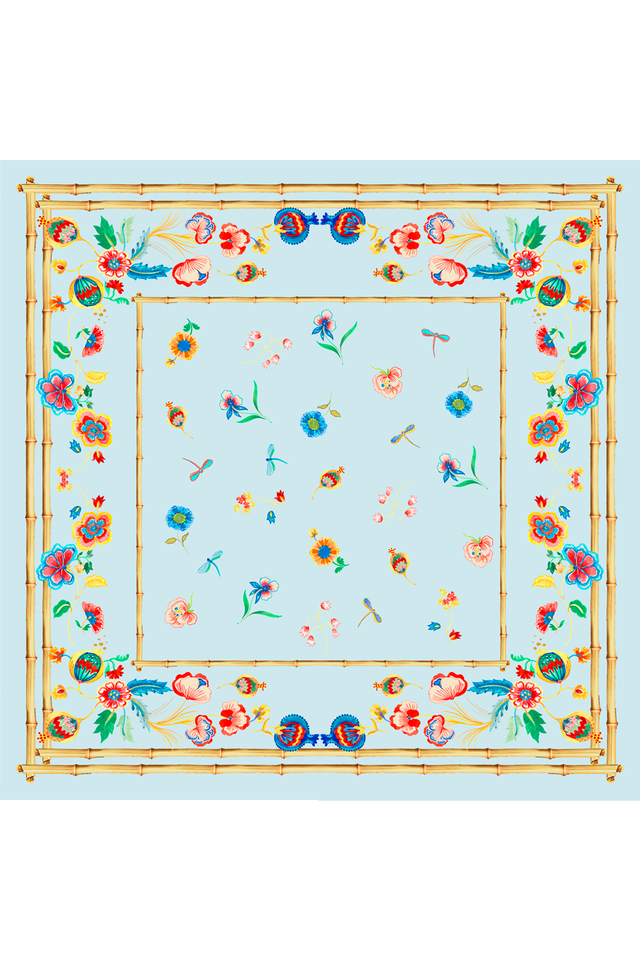   - Lenço Floral Bambu azul em cetim de poliéster | 50x50cm- Scarf Me 