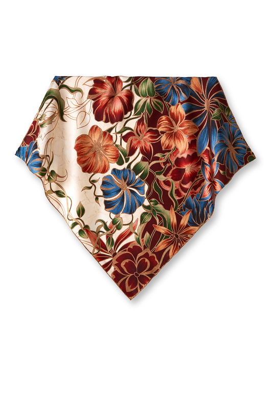   - Lenço Marble Flowers bordeaux em twill de seda | 65x65cm- Scarf Me 