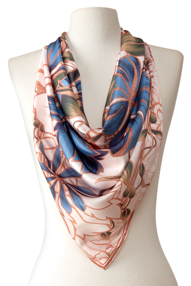   - Lenço Marble Flowers em cetim poliéster | 90x90cm- Scarf Me 