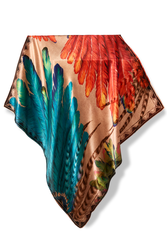   - Lenço Penas Cocar em cetim de seda | 90x90cm- Scarf Me 