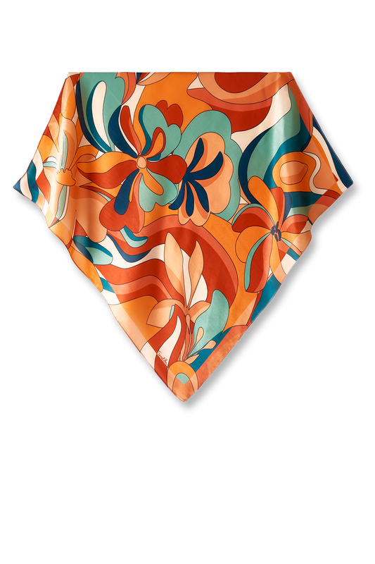   - Lenço Psicodélico Floral em cetim de seda | 65x65cm- Scarf Me 