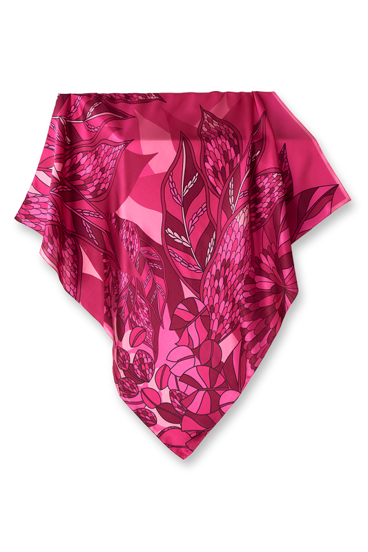   - Lenço Ramos de Púrpura pink em cetim de seda | 90x90cm- Scarf Me 