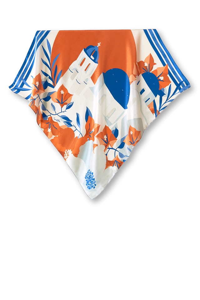   - Lenço Santorini Pôr do Sol em Oia em cetim de seda | 65x65cm- Scarf Me 