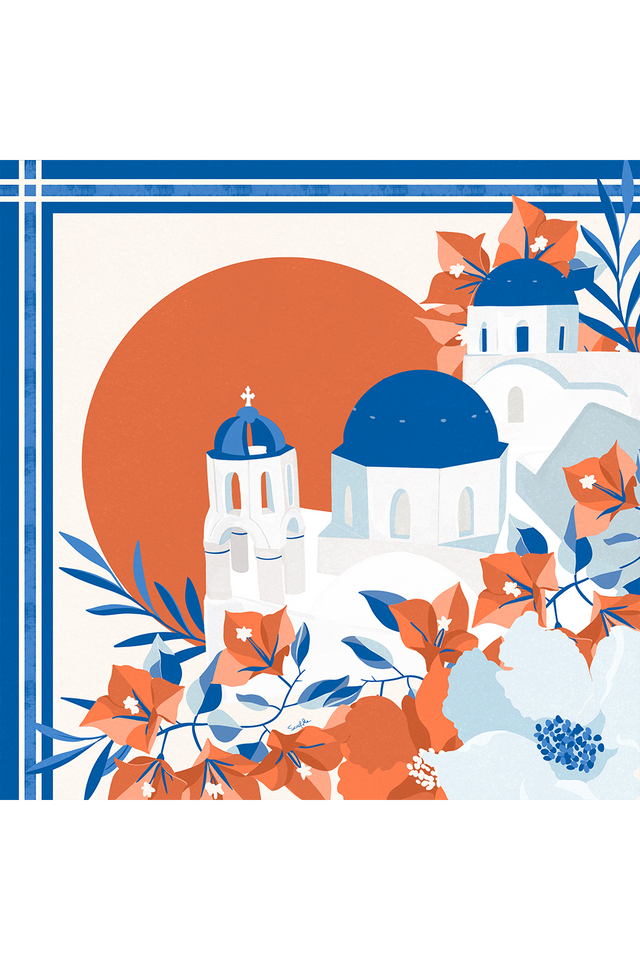   - Lenço Santorini Pôr do Sol em Oia em cetim de seda | 65x65cm- Scarf Me 