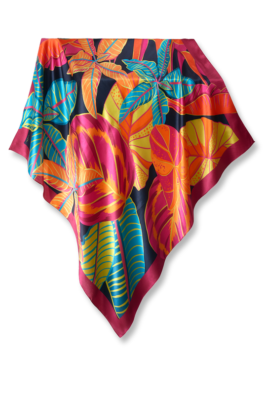   - Lenço Tropical Noturno em cetim de seda | 90x90cm- Scarf Me 