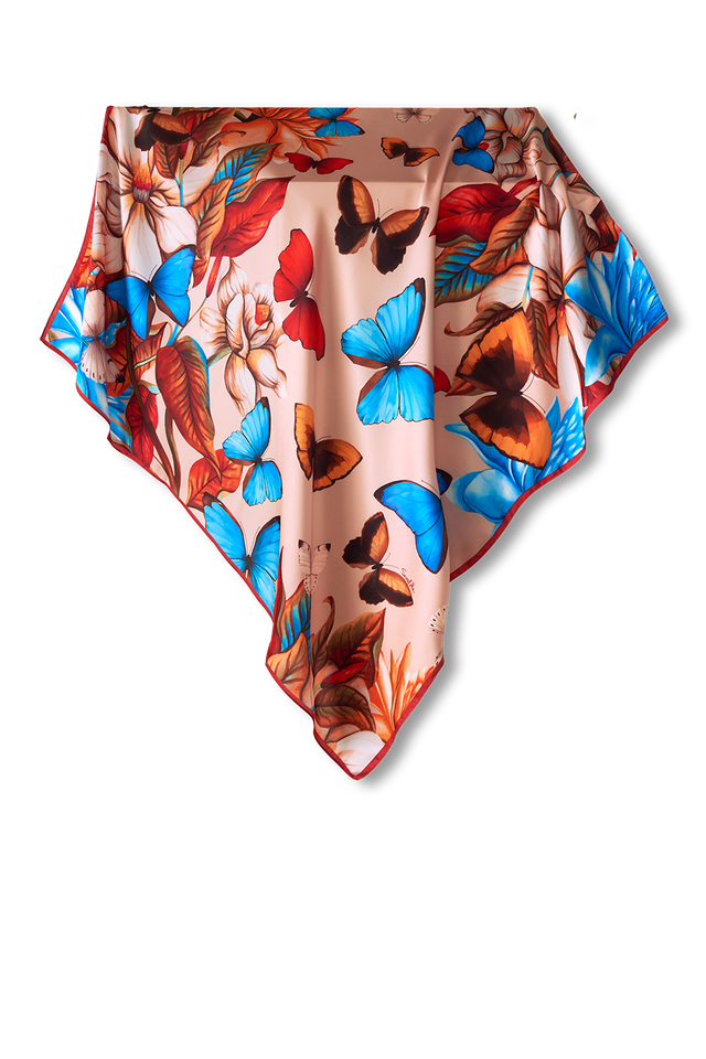   - Lenço Yasmin floral bege em cetim de poliéster | 90x90cm- Scarf Me 