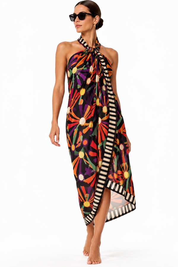Chor geometric double-sided pareo in silk satin | 130x200cm