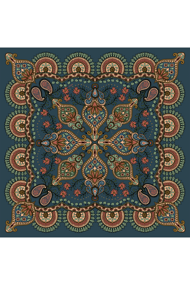 Lenço double face Oriental Astrid azul em cetim de seda | 90x90cm