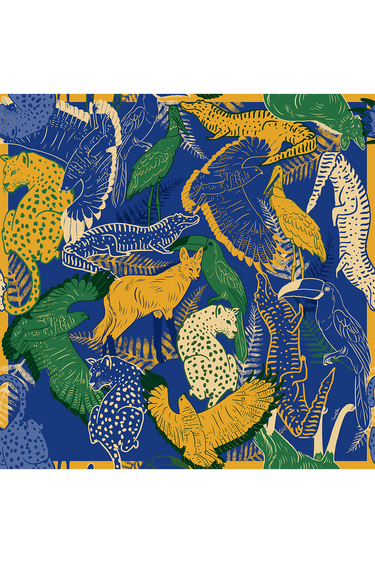 Lenço double face Silhuetas azul em cetim de seda | 90x90cm