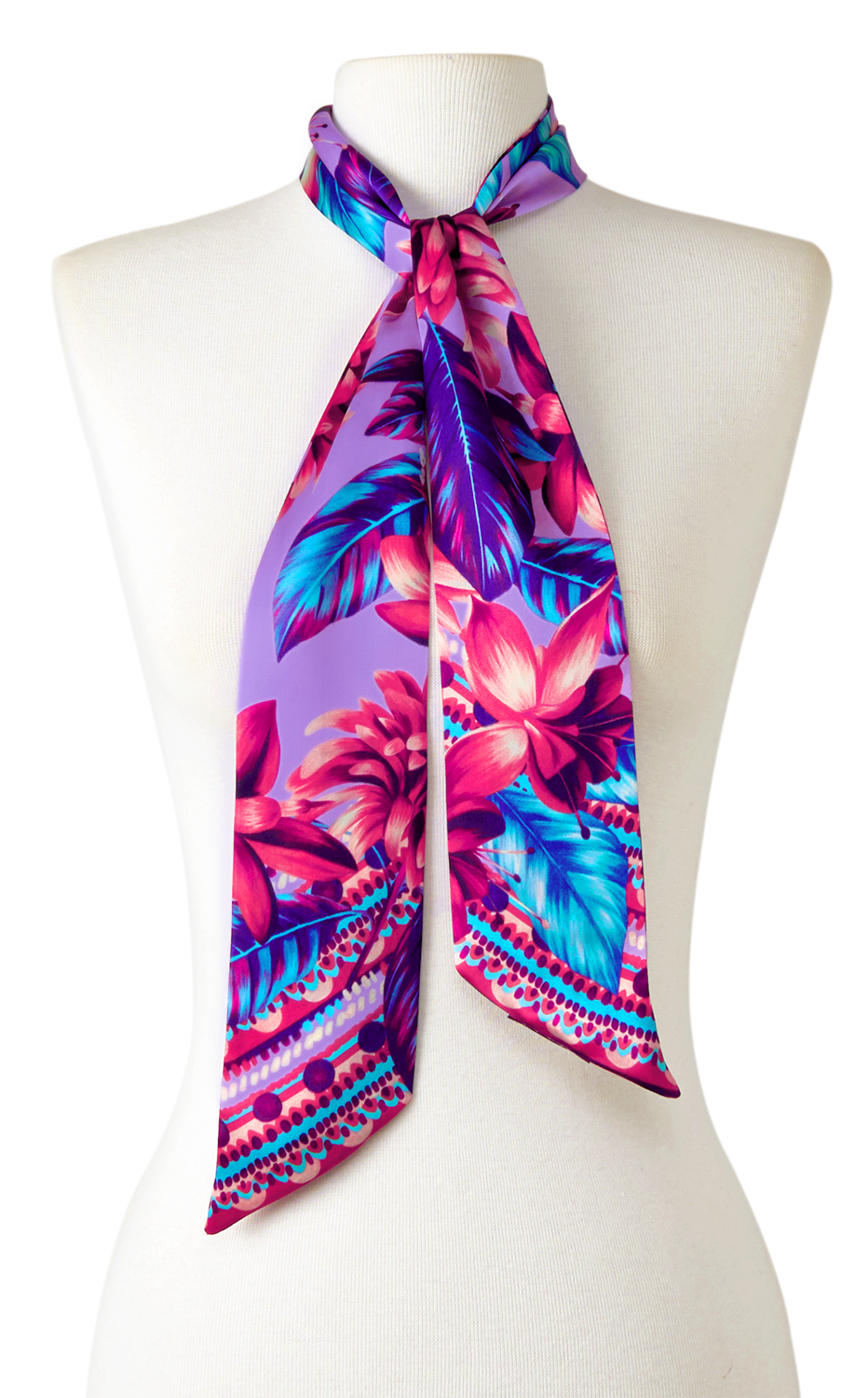   - Twilly Flor Flamingo lavanda em cetim de seda | 8x130cm- Scarf Me 