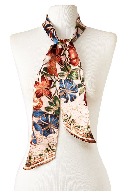   - Twilly Marble Flowers em cetim de seda | 8x130cm- Scarf Me 