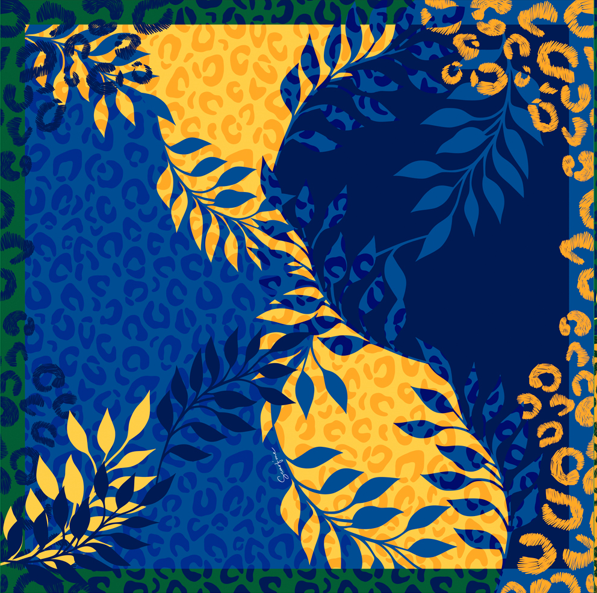   - Lenço Brasil Animal azul/amarelo em cetim poliéster | 90x90cm- Scarf Me 