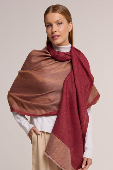 Dupla face Cashmere com seda Zari vermelho com barra