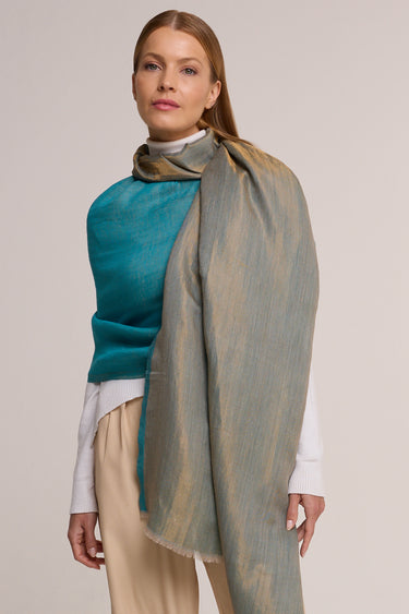 Dupla face Cashmere com seda Zari azul turquesa