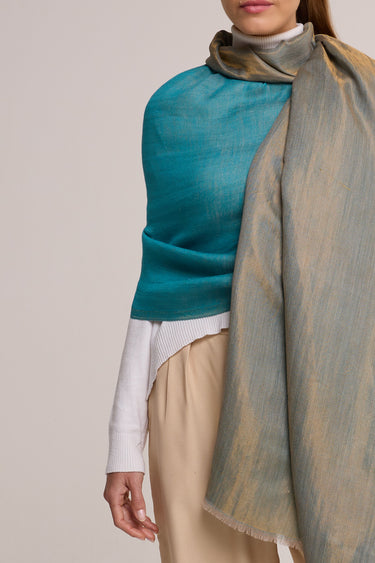 Dupla face Cashmere com seda Zari azul turquesa