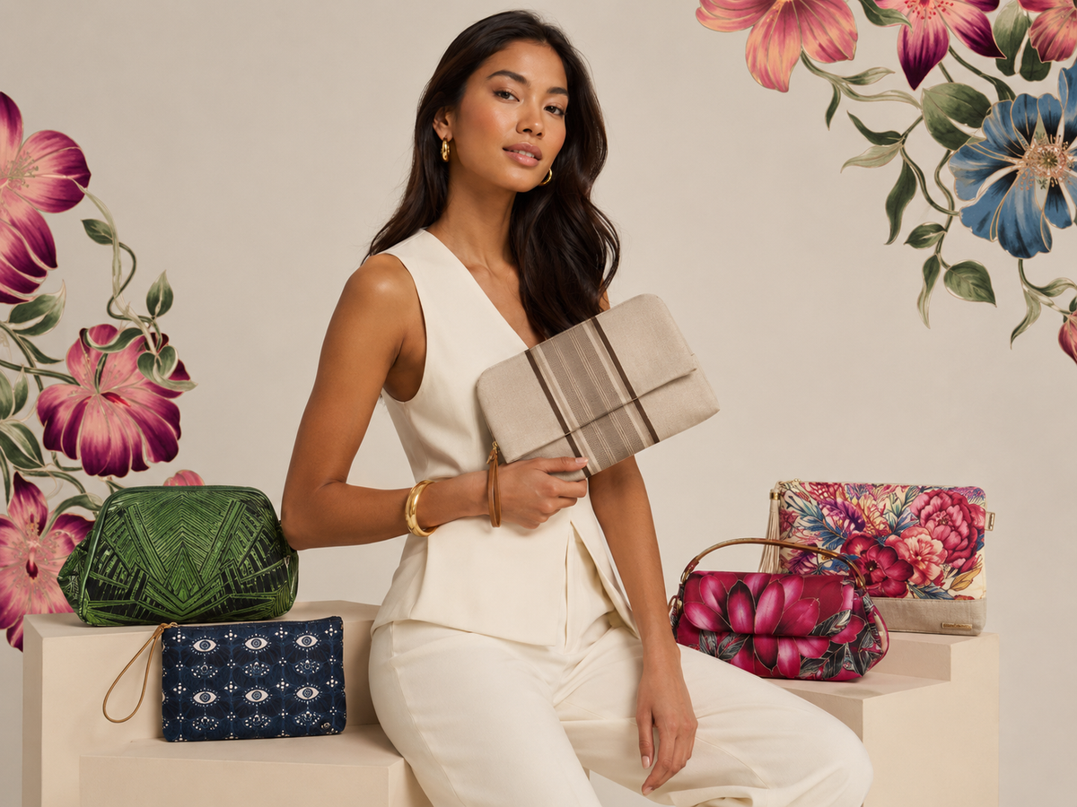 Modelo com clutch Scarf Me