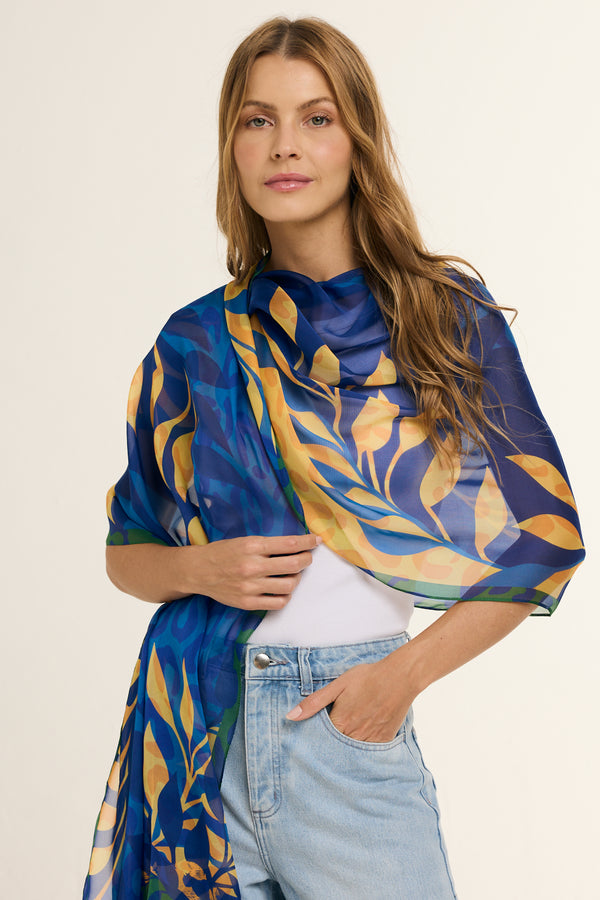 Brasil Animal blue long scarf in silk mousseline | 60x210cm