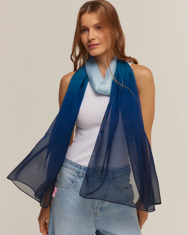 Navy ombré long scarf in silk mousseline | 60x210cm