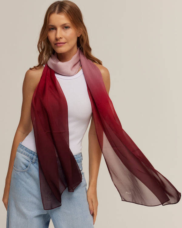 Red ombré long scarf in silk mousseline | 60x210cm