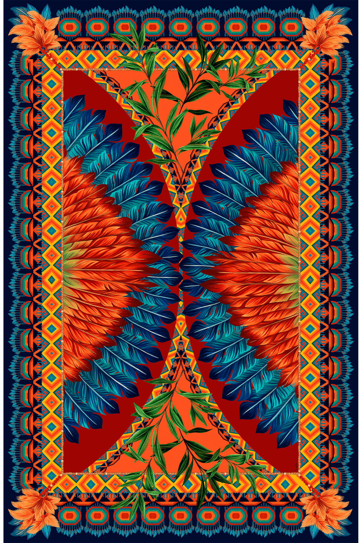 Imagem da estampa colorida e vibrante inspirado na cultura indígena brasileira.