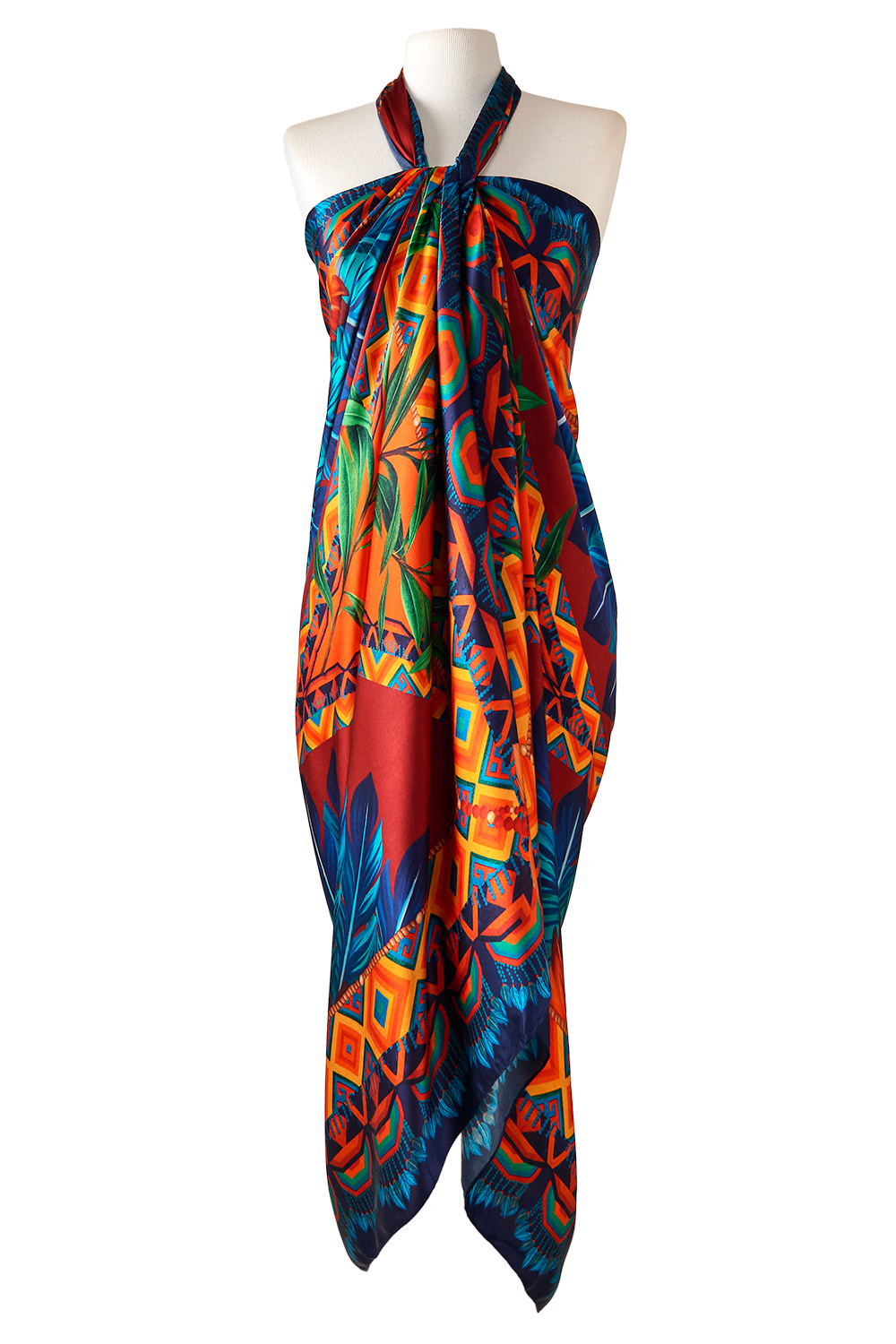 Lenço longo com estampa colorida, gola de laço e tecido sofisticado, perfeito para ocasiões especiais e eventos formais.
