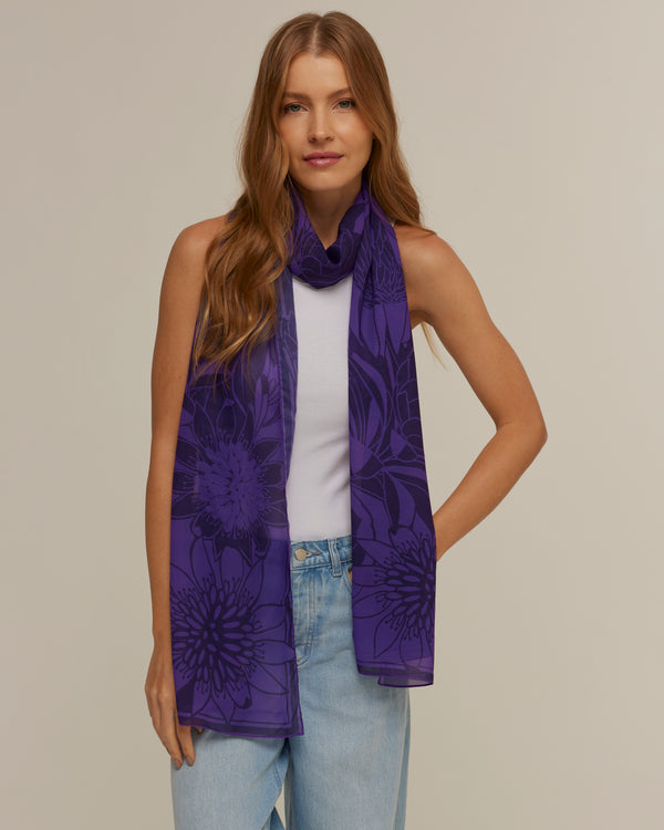 Flor de Poder purple long scarf in polyester mousseline | 45x210cm