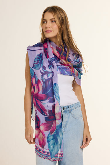 Echarpe Flor Flamingo lavanda em mousseline de seda | 60x210cm