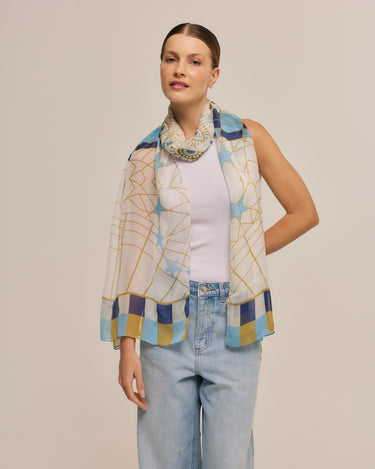 Echarpe Olho Grego off white em mousseline de seda | 60x210cm