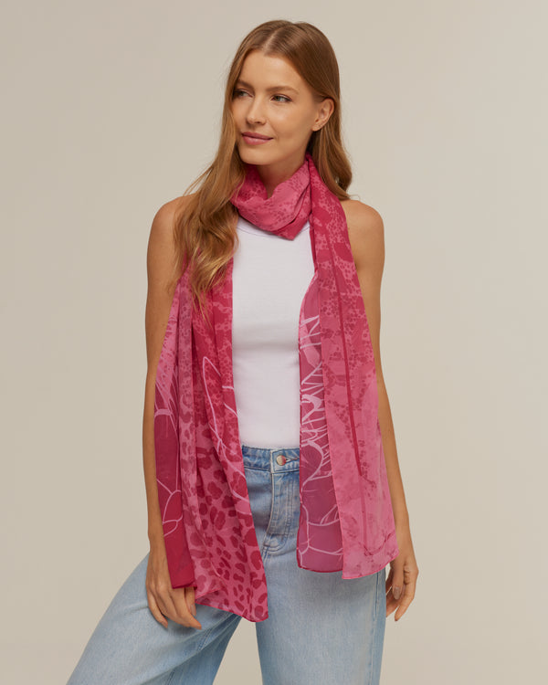 Majestosa Print pink long scarf in silk mousseline | 60x210cm