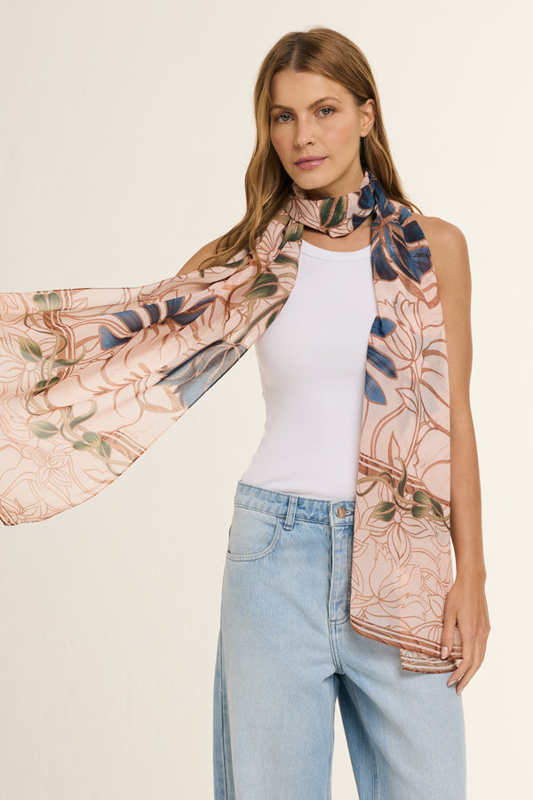 Marble Flowers long scarf in polyester mousseline | 45x210cm