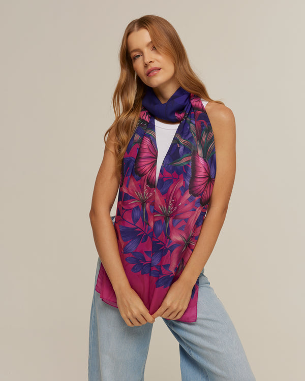 Pink Purple long scarf in polyester mousseline | 45x210cm