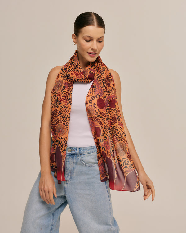 Texturas do Cerrado orange long scarf in polyester mousseline | 45x210cm