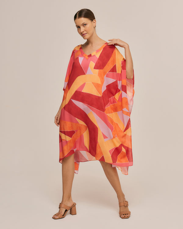 Multicolored geometric short viscose kaftan