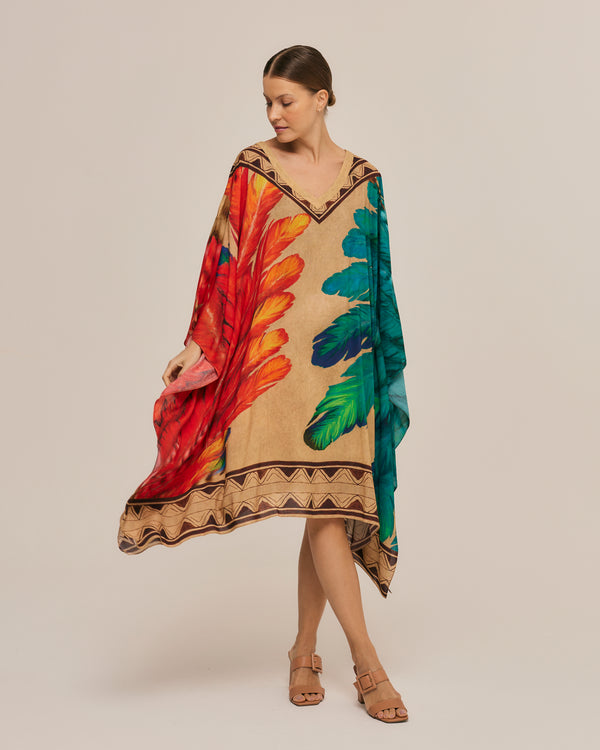 Kaftan curto de viscose Penas Cocar