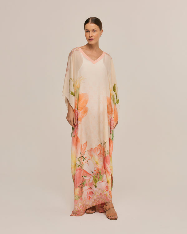 Kaftan de praia longo de seda Jardim das Tulipas