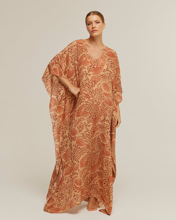 Kaftan longo de seda Jaguatirica do Cerrado Terracota