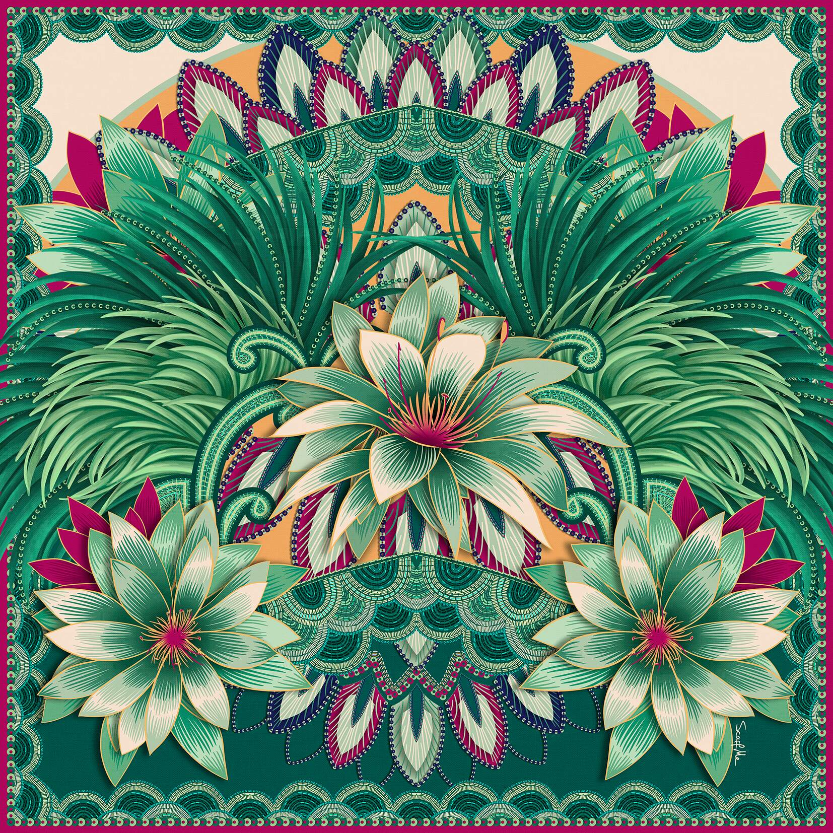 Allegory scarf in silk twill | 65x65cm