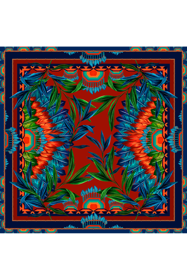 Lenço double face Amazônia Cocar em cetim de seda | 110x110cm