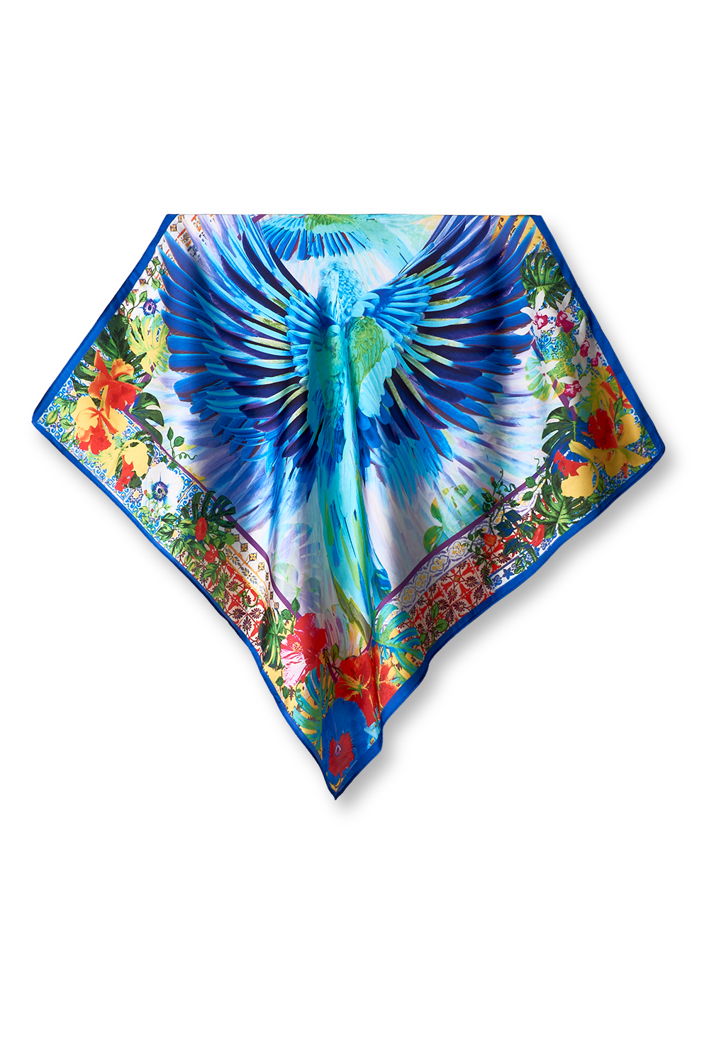 Multicolored blue macaw scarf in polyester satin | 50x50cm