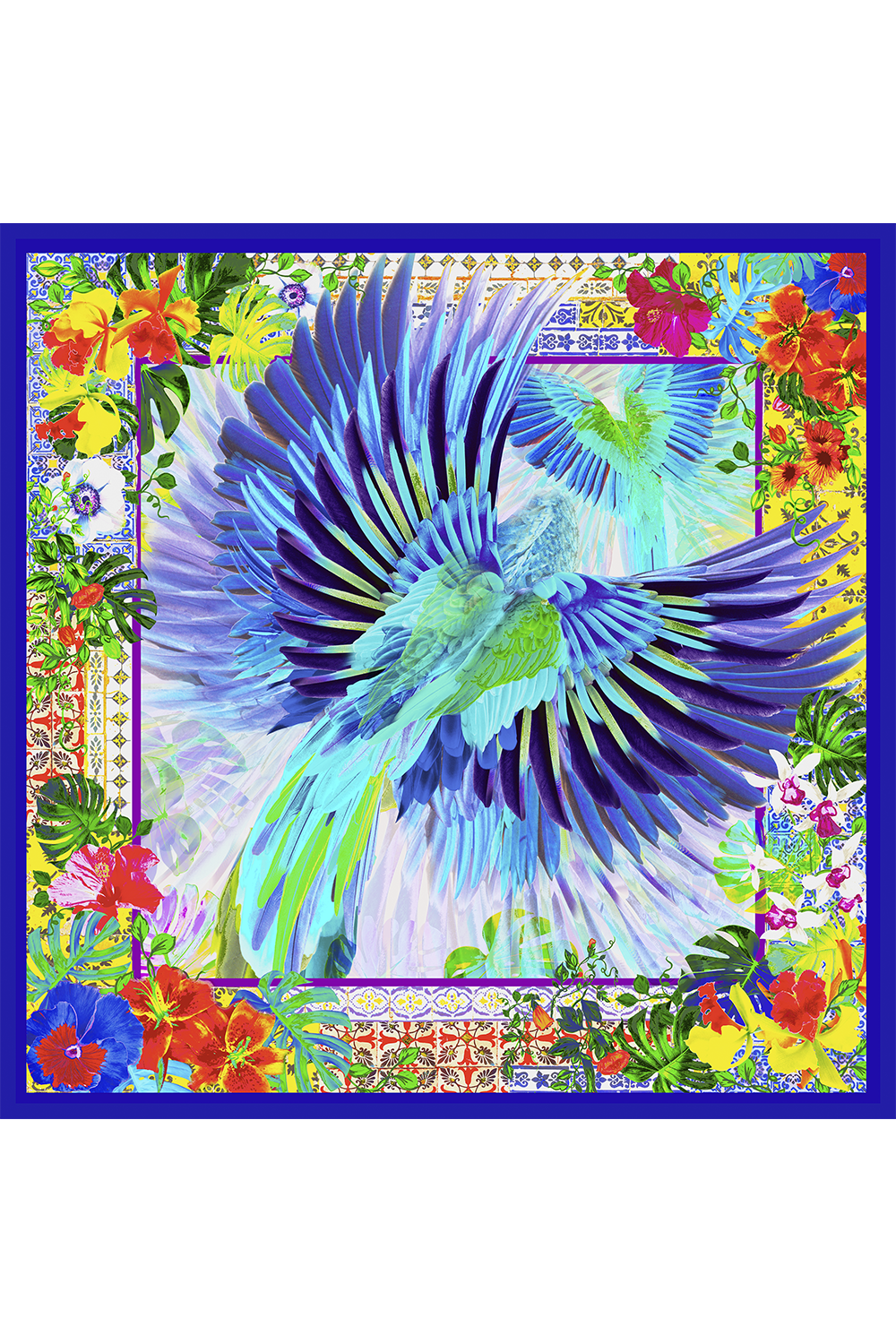 Multicolored blue macaw scarf in polyester satin | 50x50cm