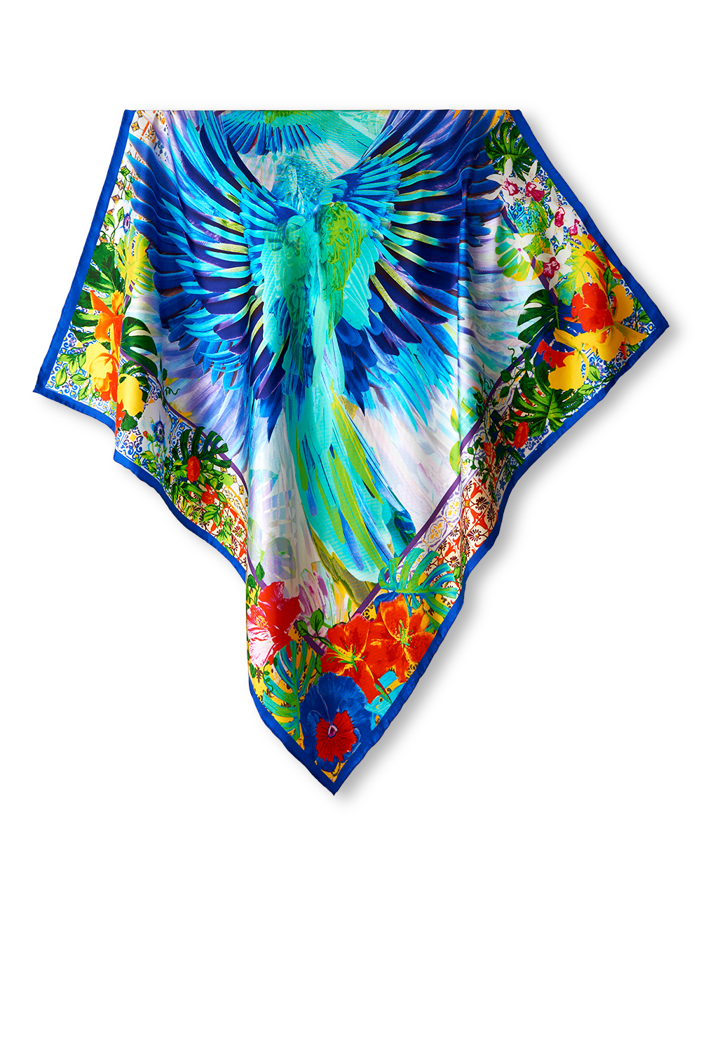 Lenço Arara-azul multicolor em twill de seda | 90x90cm