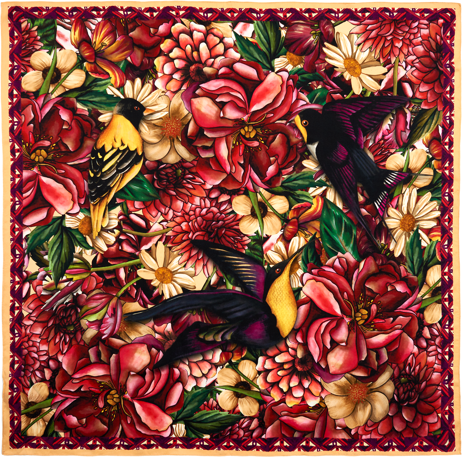 Hummingbird scarf in polyester satin | 50x50cm
