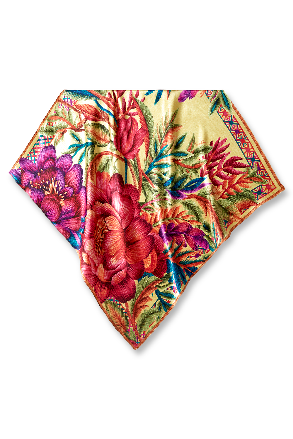 Peonies Embroidered Scarf in silk satin | 65x65cm