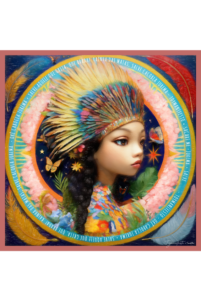 Imagem artística representando o brilho de Jurema, com arte de menina no centro cercada por elementos da natureza e frases de proteção à floresta amazônica. Lenço para pescoço, blusa, acessório e mais.