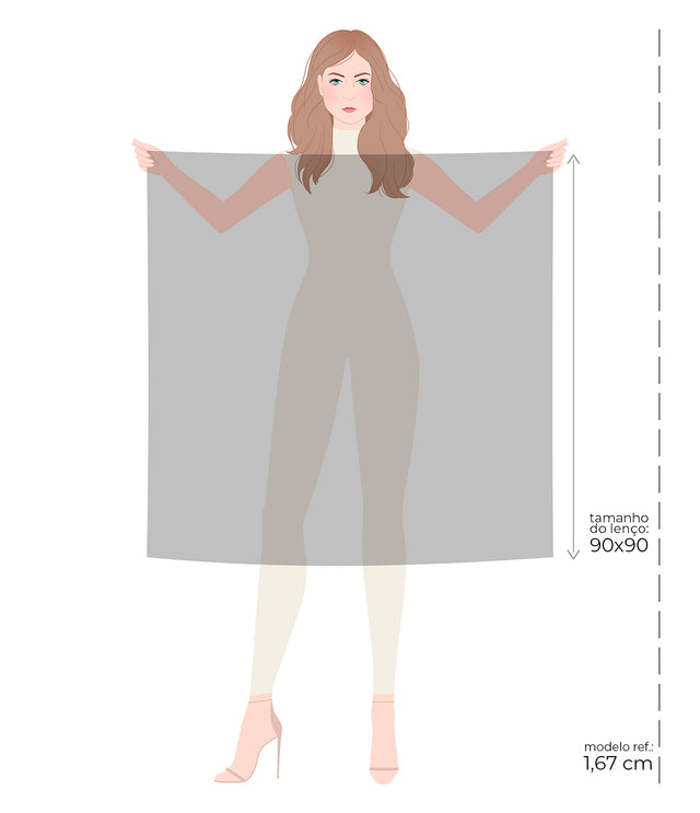 Imagem demonstrativa do tamanho do Lenço Lilás Degradê, 90 cm por 90 cm.