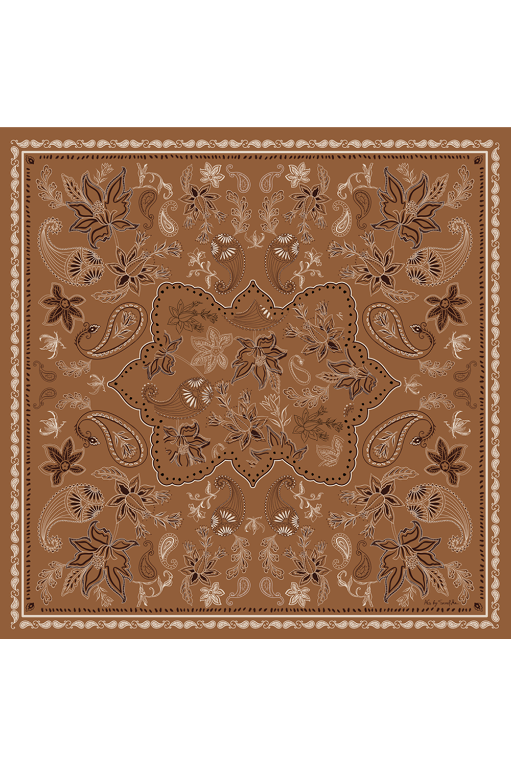 Imagem de lenço com estampa boho em tons de marrom e bege, com acabamento delicado que destaca o design clássico.