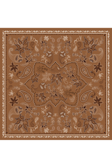 Imagem de lenço com estampa boho em tons de marrom e bege, com acabamento delicado que destaca o design clássico.